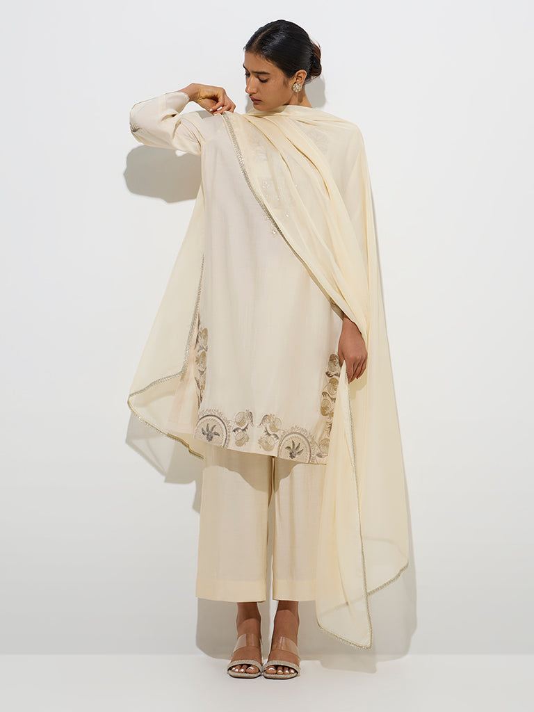 Vark Beige Floral Straight Kurta. Palazzos and Dupatta Set - Image 2