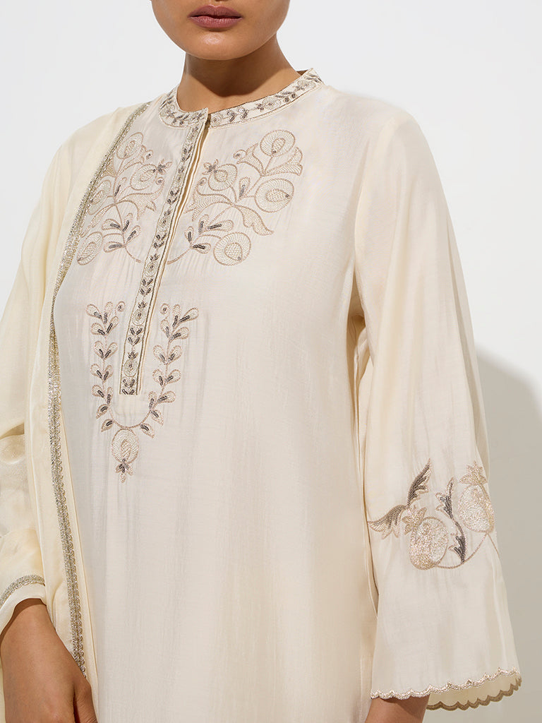 Vark Beige Floral Straight Kurta. Palazzos and Dupatta Set - Image 3