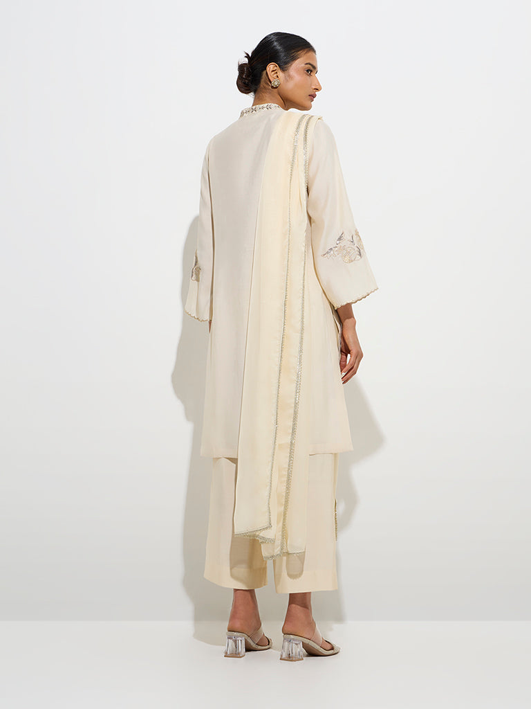 Vark Beige Floral Straight Kurta. Palazzos and Dupatta Set - Image 4
