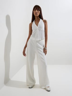 Nuon White Crinkle-Textured Halter-Neck Top