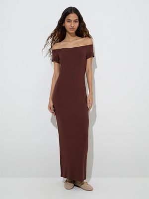 Nuon Brown Ribbed-Textured Off-Shoulder Dress