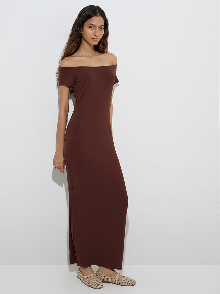 Nuon Brown Ribbed-Textured Off-Shoulder Dress - Image 2