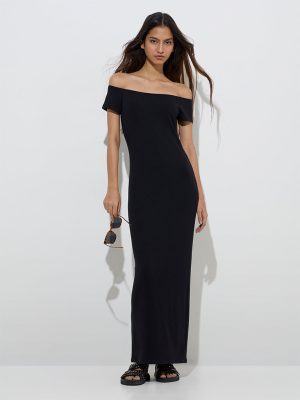 Nuon Black Ribbed-Textured Off-Shoulder Dress