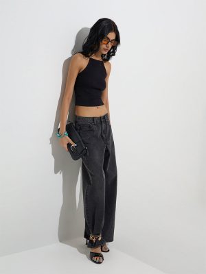 Nuon Charcoal Flared Relaxed-Fit Mid-Rise Jeans