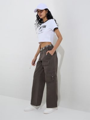Nuon Dark Brown Cargo-Style Mid-Rise Cotton Pants