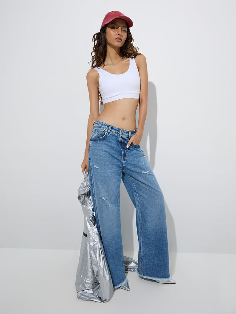 Nuon Blue Distressed Relaxed-Fit High-Rise Jeans