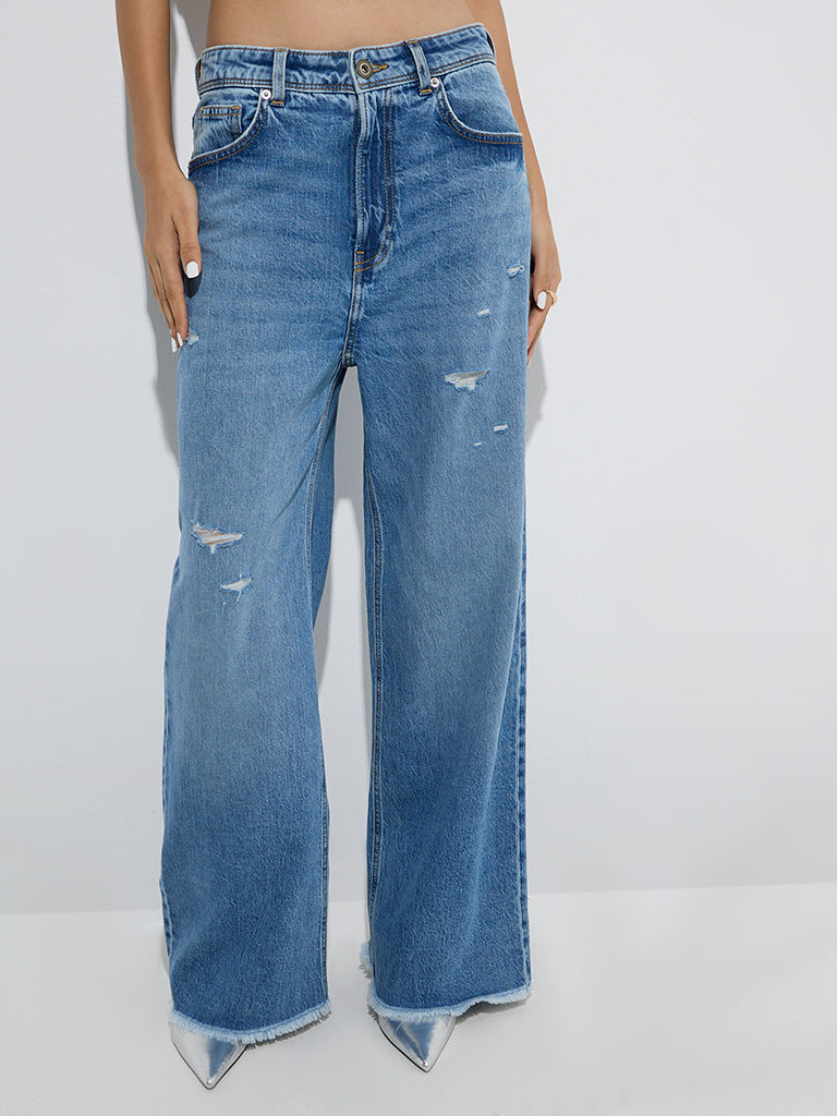 Nuon Blue Distressed Relaxed-Fit High-Rise Jeans - Image 2