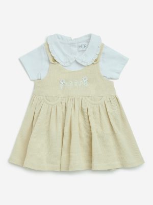 HOP Baby Beige Textured Cotton Pinafore and T-Shirt Set