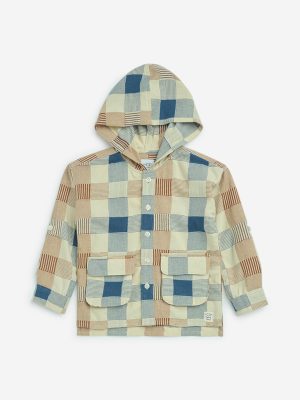 HOP Kids Multicolour Checkered Cotton Hooded Shirt