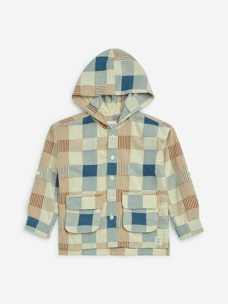 HOP Kids Multicolour Checkered Cotton Hooded Shirt