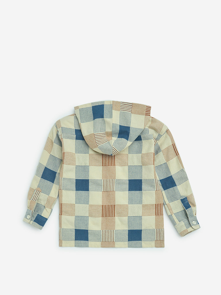 HOP Kids Multicolour Checkered Cotton Hooded Shirt - Image 2