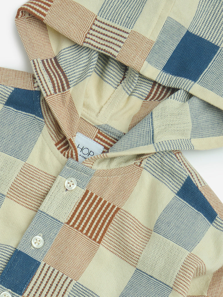 HOP Kids Multicolour Checkered Cotton Hooded Shirt - Image 3