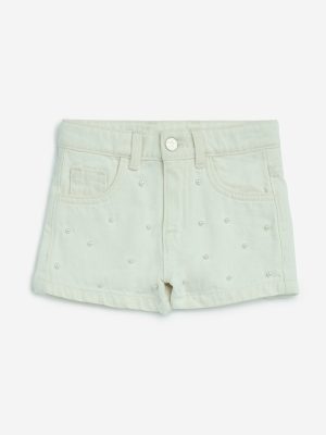 HOP Kids Off-White Pearlescent High-Rise Denim Shorts