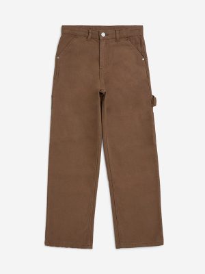Y&F Kids Brown Solid Mid-Rise Cotton Pants