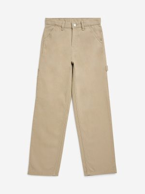 Y&F Kids Beige Straight-Fit Mid-Rise Jeans