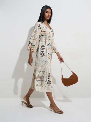 Utsa Light Beige Abstract Design A-Line Dress