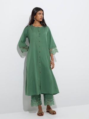 Utsa Green Lace Detailed Cotton-Blend A-Line Kurta