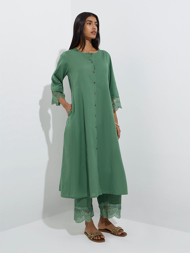 Utsa Green Lace Detailed Cotton-Blend A-Line Kurta - Image 2