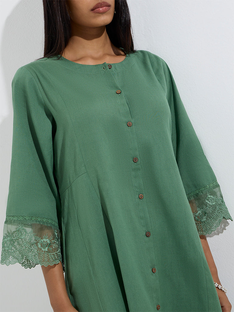 Utsa Green Lace Detailed Cotton-Blend A-Line Kurta - Image 3