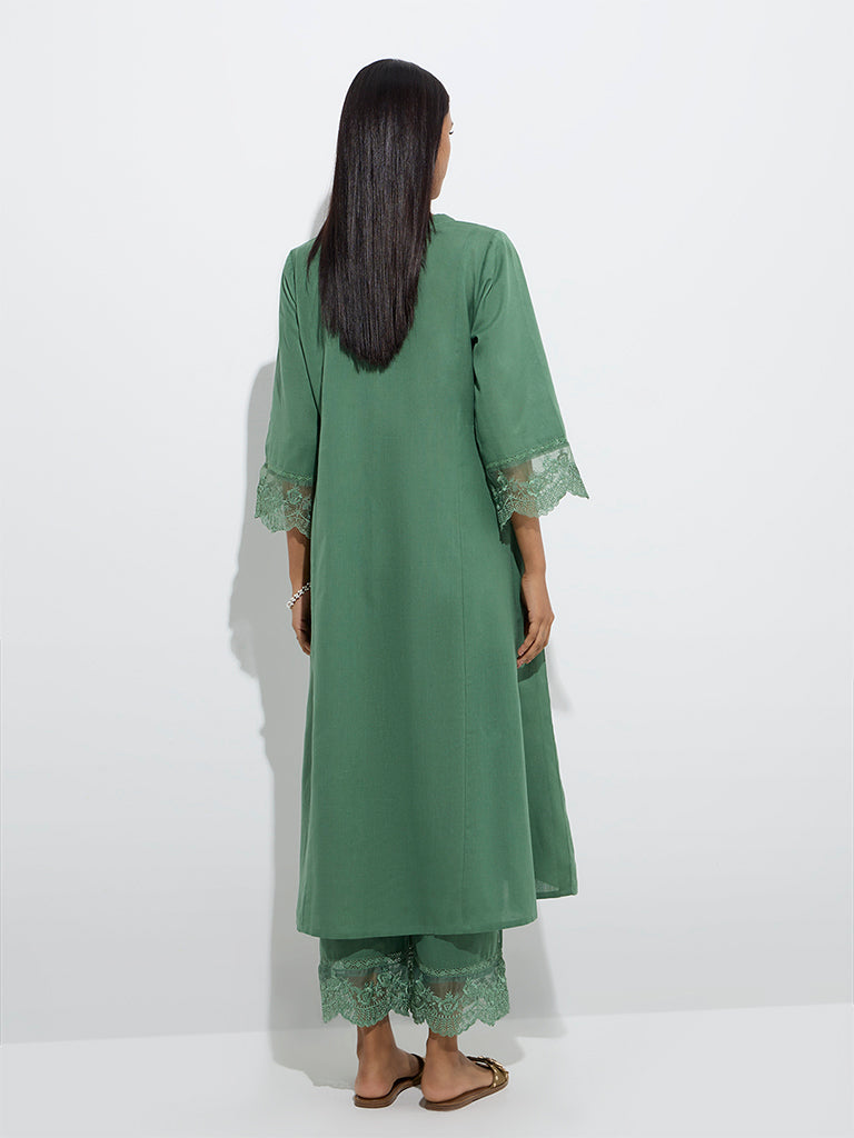 Utsa Green Lace Detailed Cotton-Blend A-Line Kurta - Image 4