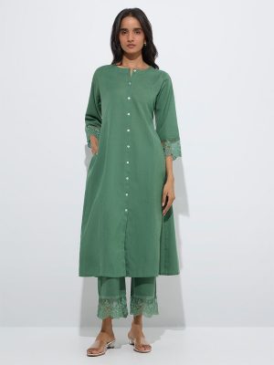 Utsa Green Floral Lace Detailed Cotton-Blend Ethnic Pants