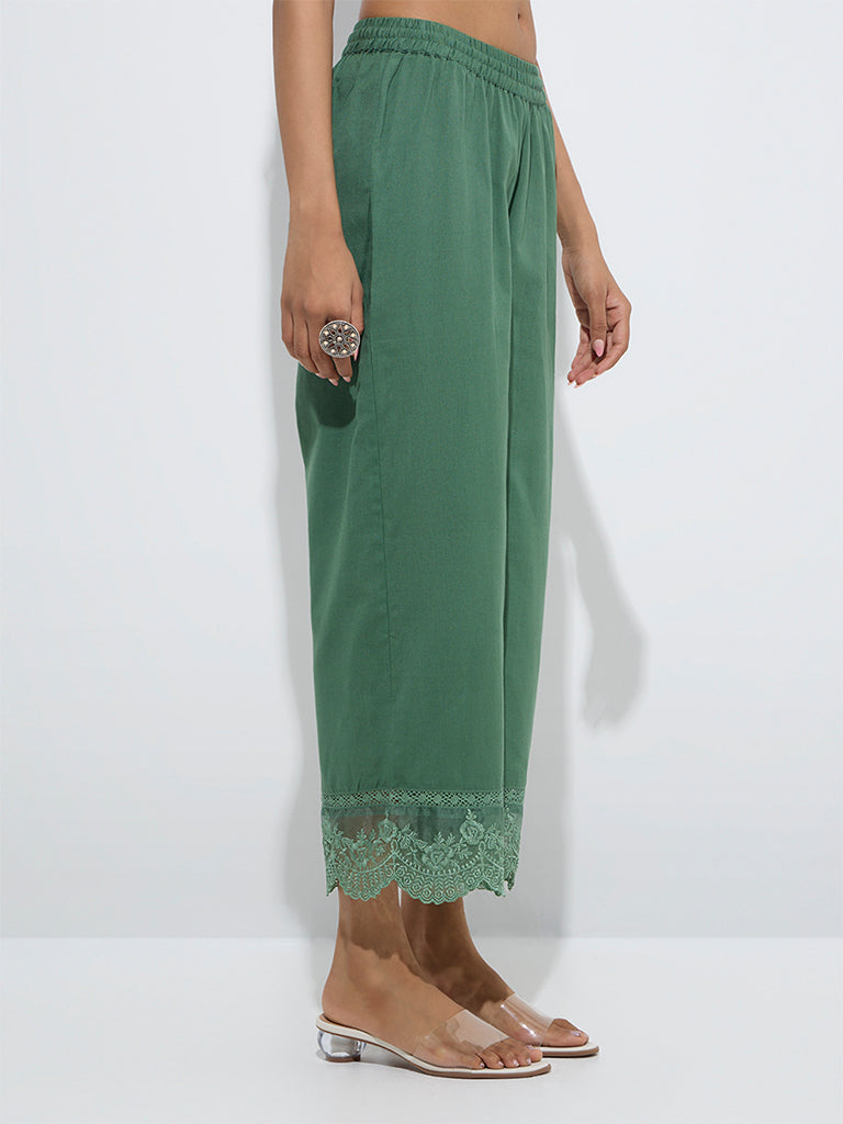 Utsa Green Floral Lace Detailed Cotton-Blend Ethnic Pants - Image 2