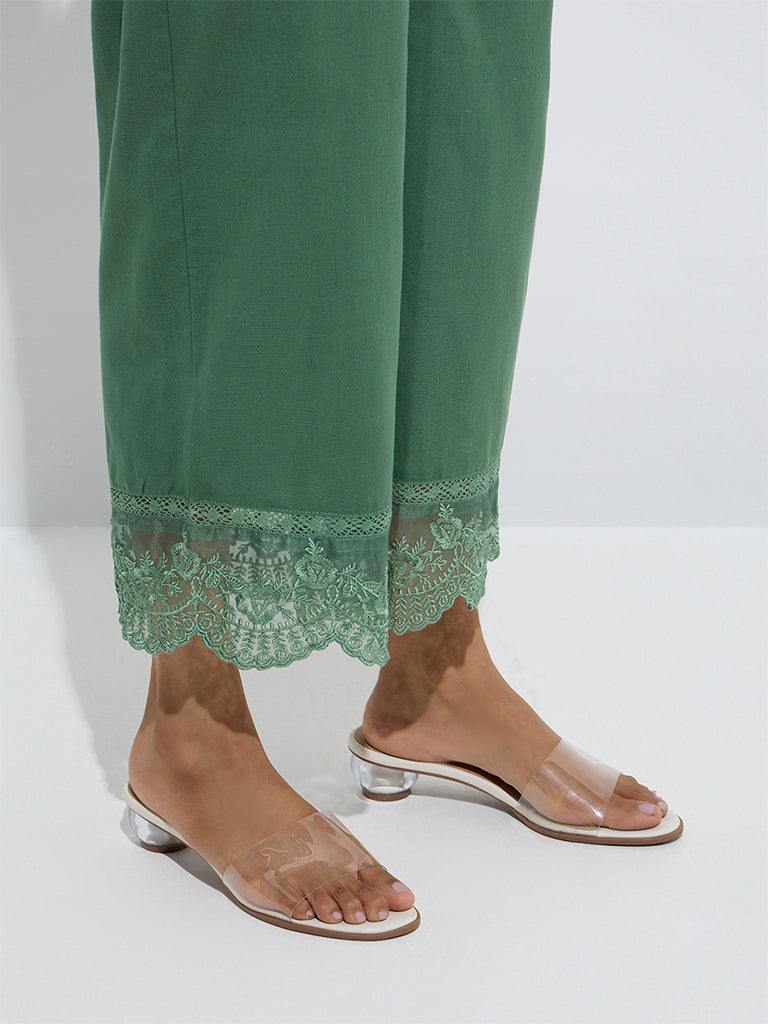 Utsa Green Floral Lace Detailed Cotton-Blend Ethnic Pants - Image 3
