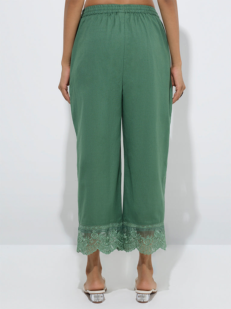 Utsa Green Floral Lace Detailed Cotton-Blend Ethnic Pants - Image 4