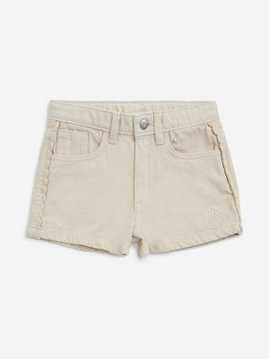 HOP Kids Beige High-Rise Denim Shorts
