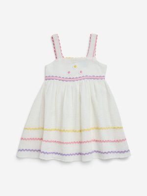HOP Kids White Floral Embroidered Cotton A-Line Dress