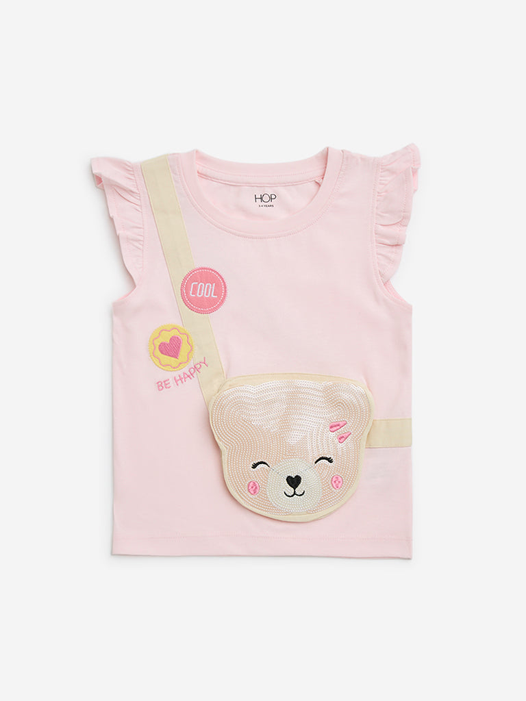 HOP Kids Pink Sequin Embellished Cotton T-Shirt