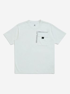 Y&F Kids White Text Design Relaxed-Fit Cotton-Blend T-Shirt