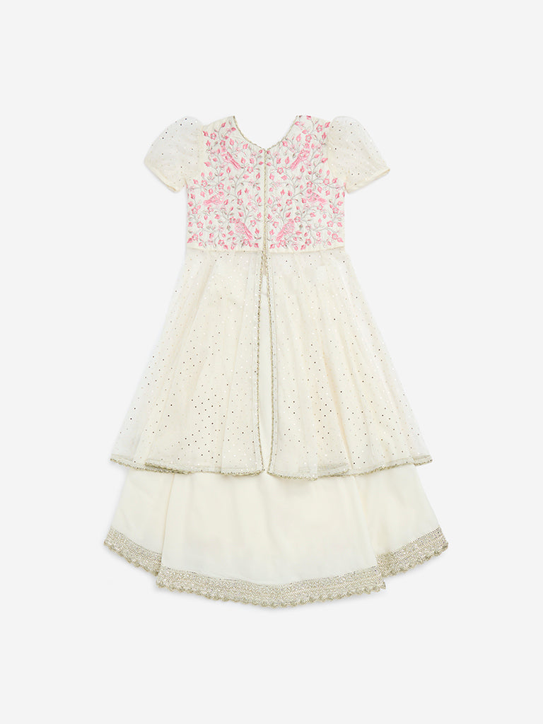 Utsa Kids Off-White Floral Embroidered A-Line Kurta and Palazzos - (2-8yrs)