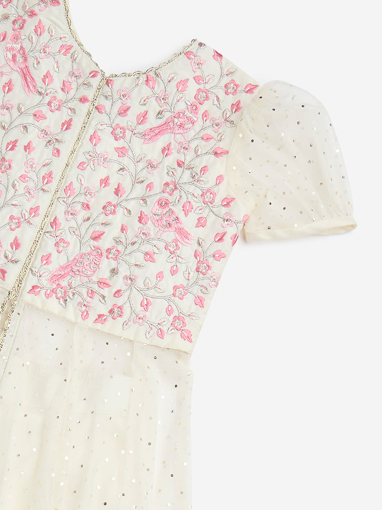 Utsa Kids Off-White Floral Embroidered A-Line Kurta and Palazzos - (2-8yrs) - Image 3