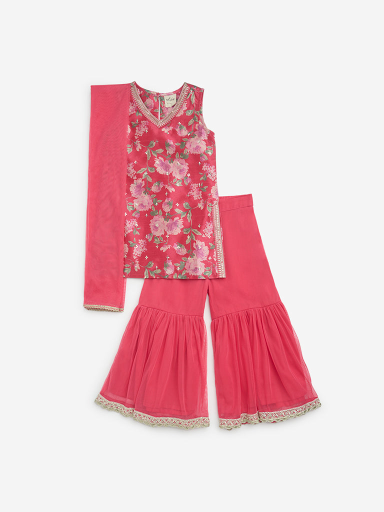 Utsa Kids Pink Straight Kurta. Sharara and Dupatta Set - (2-8yrs)