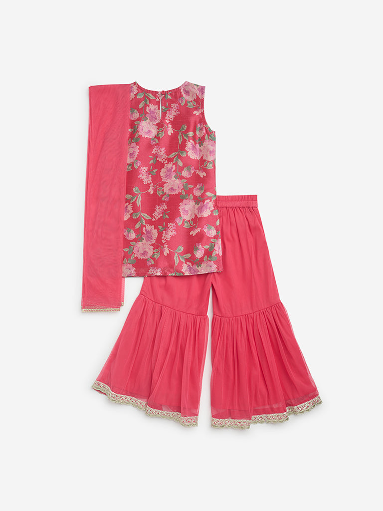 Utsa Kids Pink Straight Kurta. Sharara and Dupatta Set - (2-8yrs) - Image 2