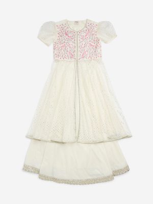 Utsa Kids Off-White Floral Embroidered A-Line Kurta and Palazzos - (8-14yrs)