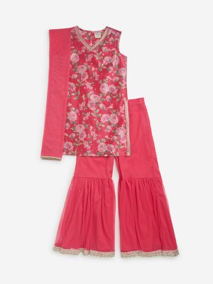 Utsa Kids Pink Straight Kurta. Sharara and Dupatta Set - (8-14yrs)