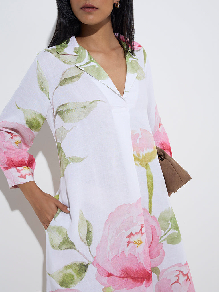 Zuba White Floral Printed A-Line Dress - Image 2