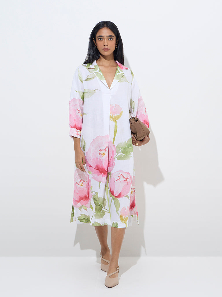 Zuba White Floral Printed A-Line Dress - Image 3