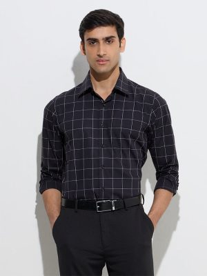 WES Formals Black Checkered Slim-Fit Cotton Shirt
