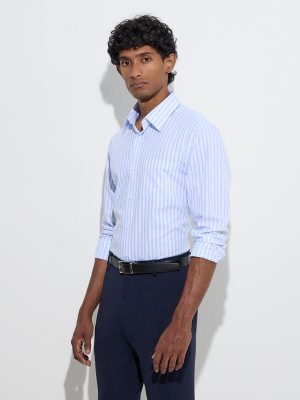 WES Formals Blue Stripe Printed Slim-Fit Cotton Shirt