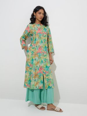 Utsa Aqua Floral Printed A-Line Kurta