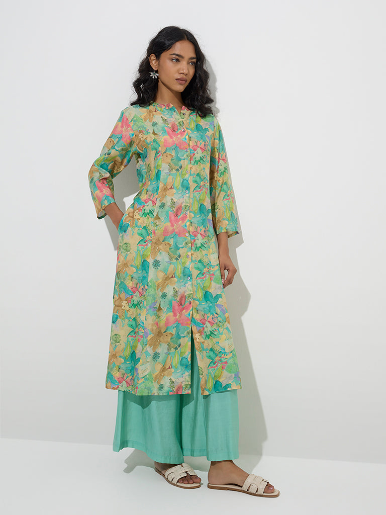 Utsa Aqua Floral Printed A-Line Kurta