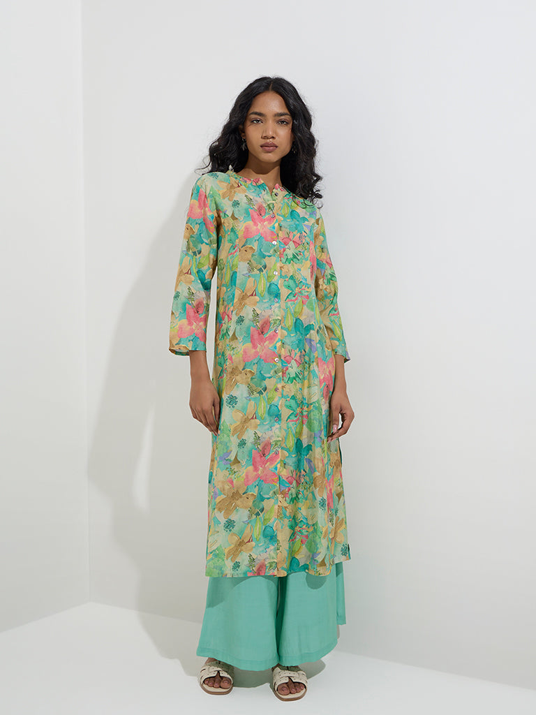 Utsa Aqua Floral Printed A-Line Kurta - Image 2