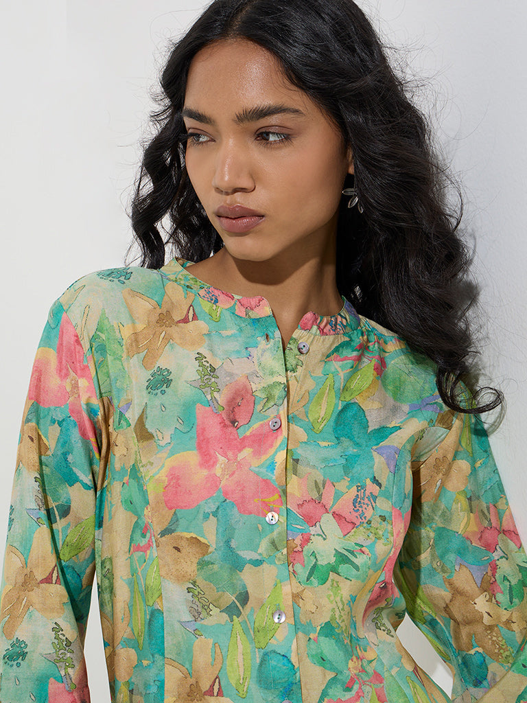 Utsa Aqua Floral Printed A-Line Kurta - Image 3