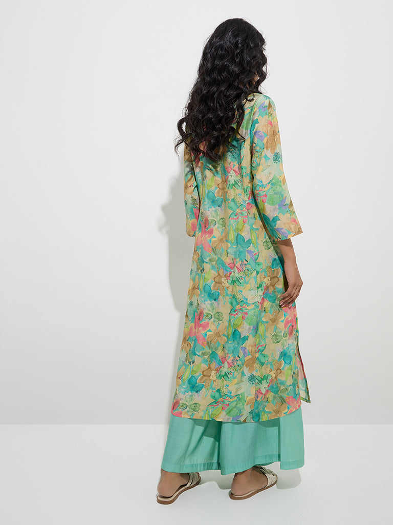 Utsa Aqua Floral Printed A-Line Kurta - Image 4