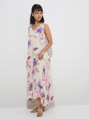 Utsa Purple Foliage Patterned A-Line Dress