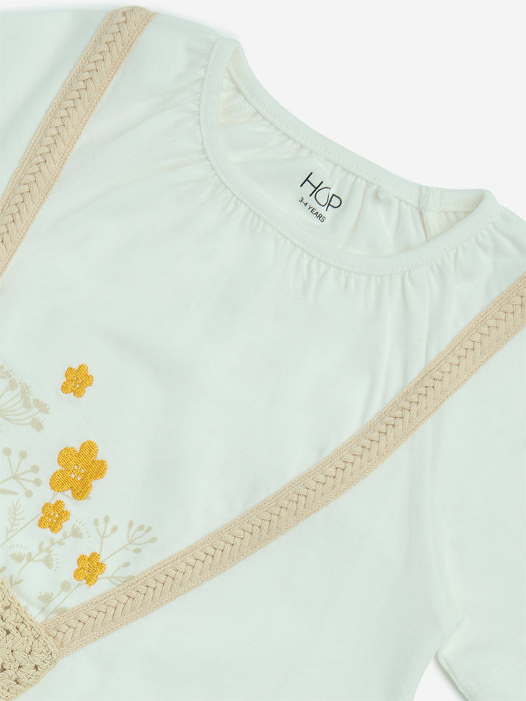 HOP Kids Off-White Floral Embroidered Cotton-Blend Top - Image 3
