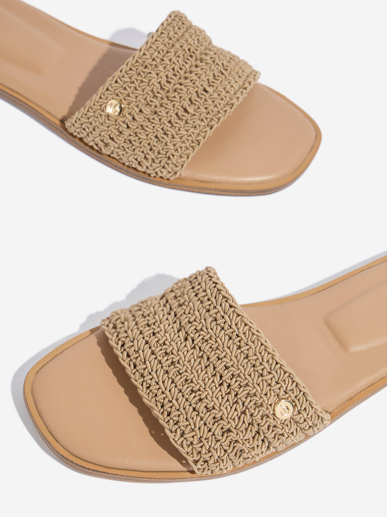 LUNA BLU Taupe Crochet-Strap Slides - Image 3